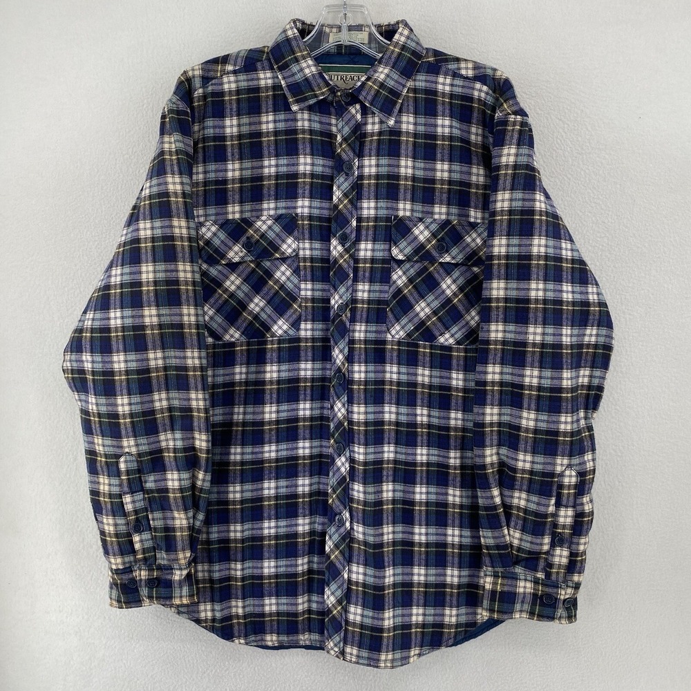 VTG 90's Outreach Lined Flannel Button Up Shirt Size Medium Blue Plaid